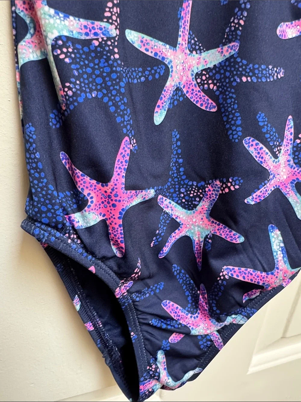 Lands End Girls size 6-7 S Navy Blue w/ Pink & Green Starfish 1 Piece Swimsuit - Picture 6 of 17